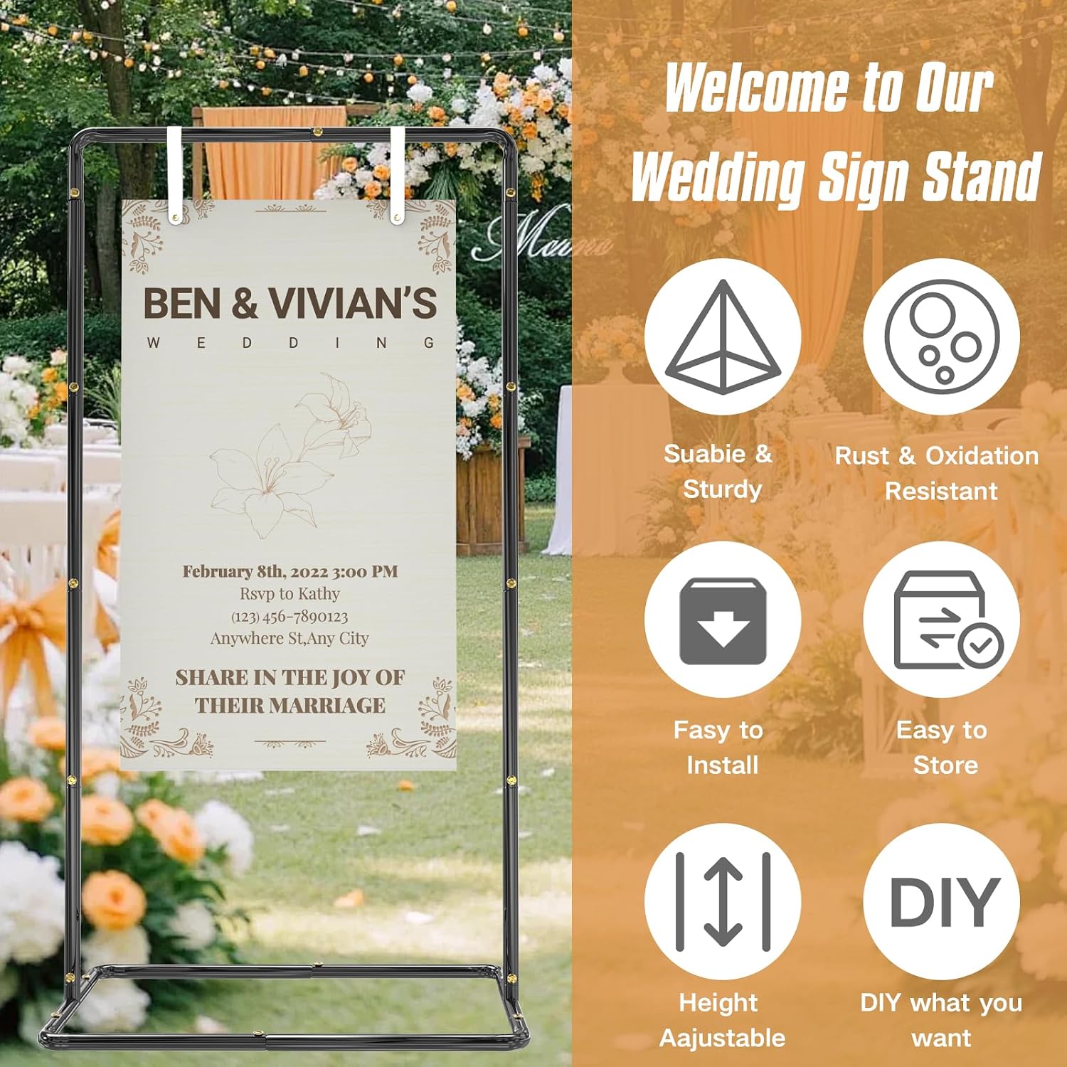 Blcak Wedding Sign Holder Adjustable Welcome to Our Wedding Sign Stand 68”x31”x 20”,Heavy Duty Easel Stand for Sign