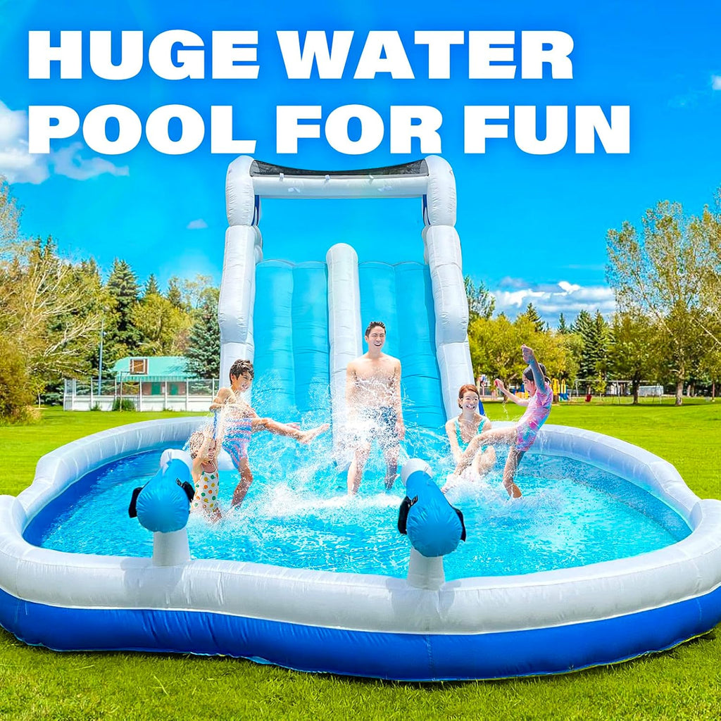 Inflatable Double Water Slide-17.7FT Large Climber Inflatable Water Park for Big Kids 5-10-Huge Splash Pool-Easy to
