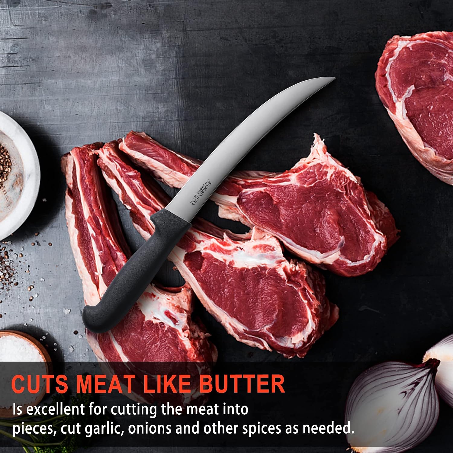 8 Inch Curved Breaking Knife, Butcher Knife for Meat Cutting