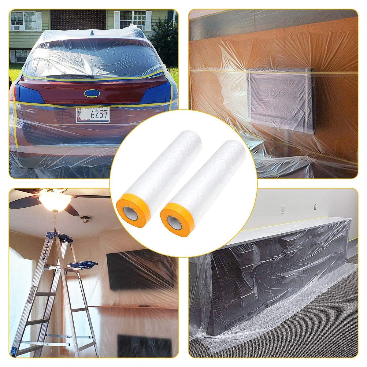 Pre-Taped Masking Film 13ft x 130ft Painters Plastic Sheeting Roll, Clear Plastic Sheeting Cover Plastics Drop Cloths