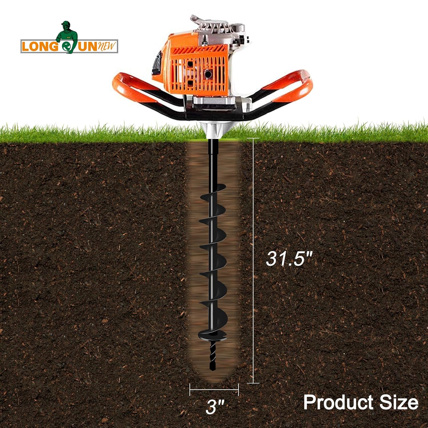 Heavy-Duty Earth Auger Drill Bit - 3" x 31.5" Post Hole Digger with Tungsten Carbide Tip for Fence, Tree Planting
