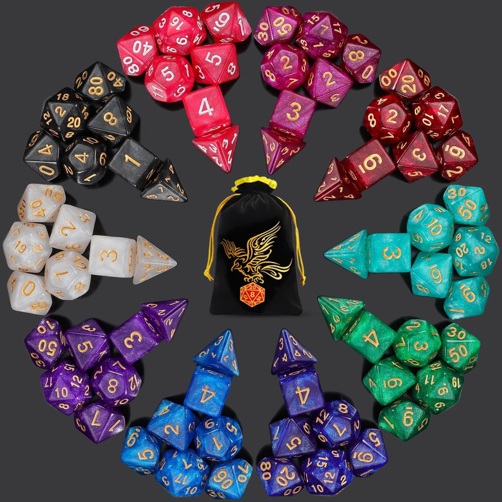 10 Sets Polyhedral Dice - 70 Pcs (10 X 7) RPG Dice + 1 Large Dice Bag