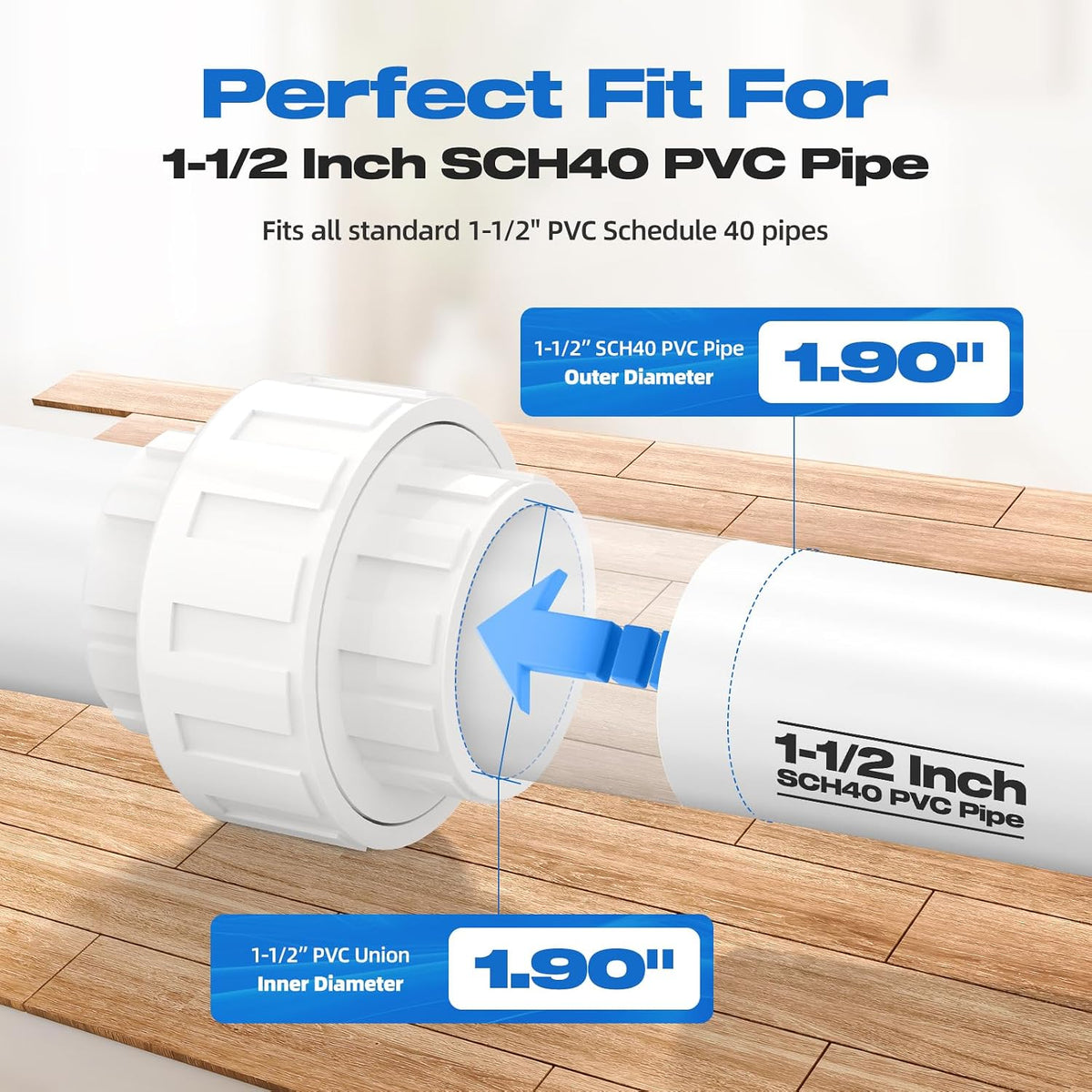 2 PCS 1-1/2" PVC Union Coupling Pipe Fitting, Slip Joint Adapter PVC Connectors (Socket x Socket), Built-in EPDM O-Ring, Schedule 40, Ideal for Pool Pump, Irrigation Systems, Plumbing, DIY Projects