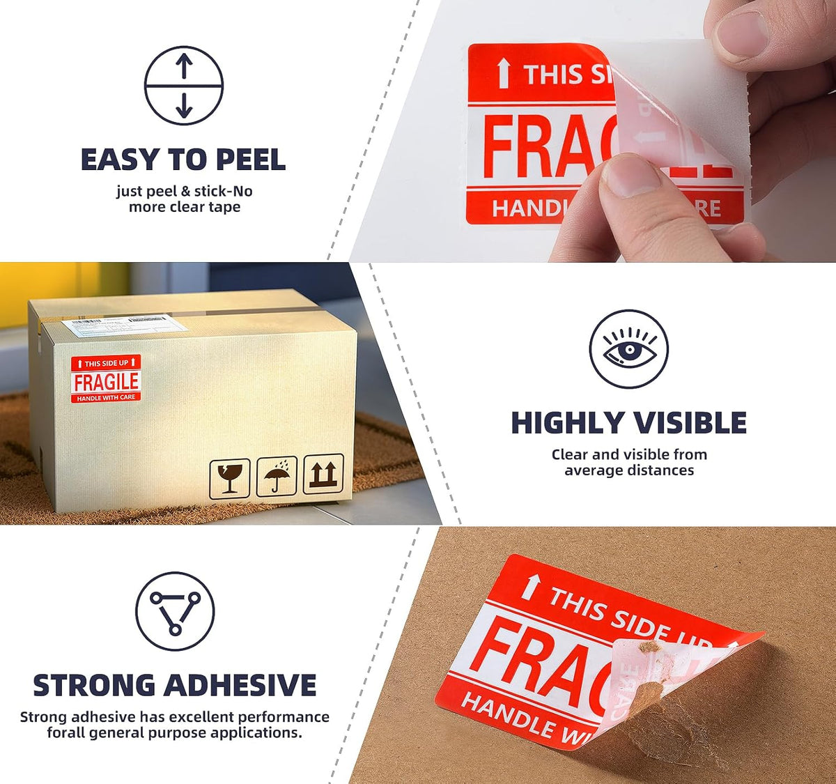 3 x 2 Inch Handle with Care This Side Up 300 Permanent Adhesive Fragile Stickers for Shipping Moving Glass Labels (1