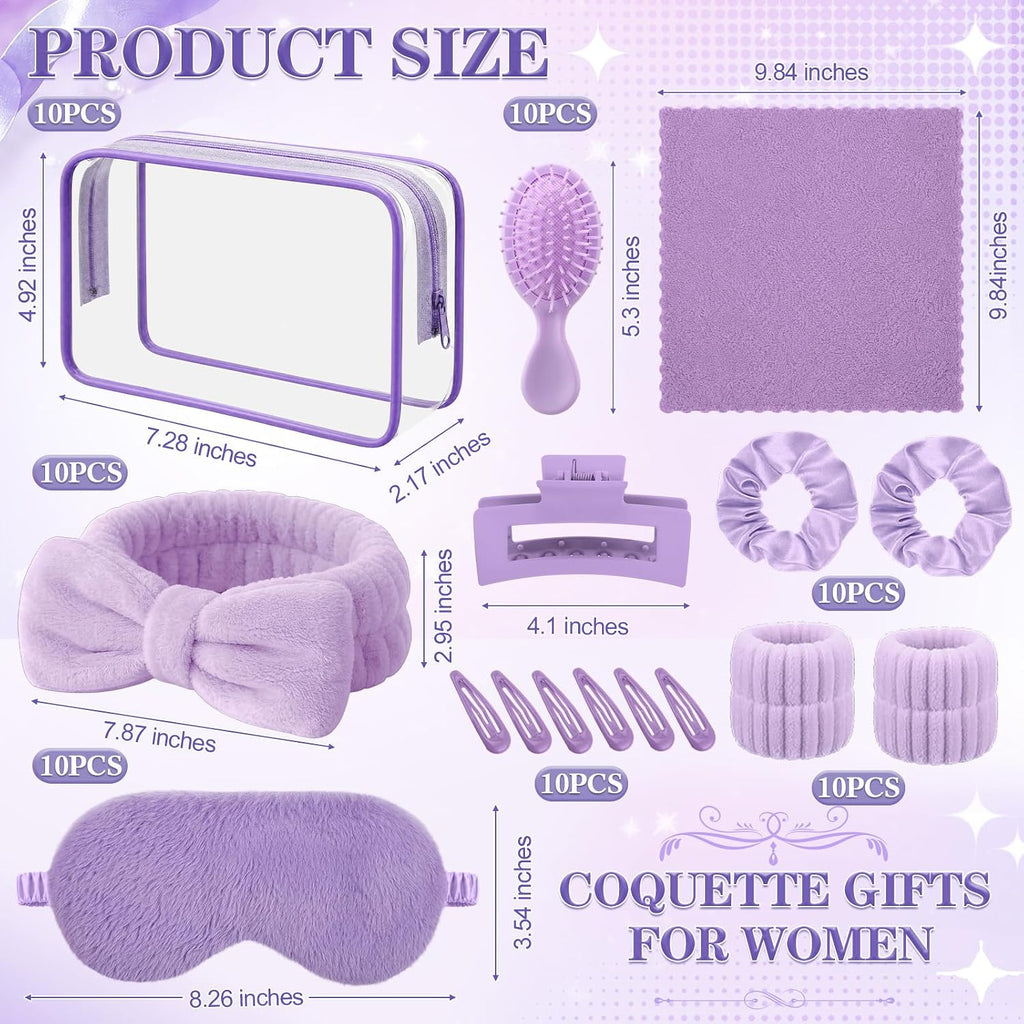 120 Pcs Spa Party Purple Sleepover Party Supply Bulk Headband Wristband Scrunchies Towels Makeup Bag Mirror Claw Hair