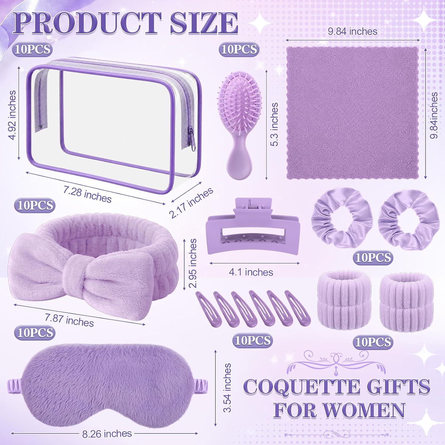 120 Pcs Spa Party Purple Sleepover Party Supply Bulk Headband Wristband Scrunchies Towels Makeup Bag Mirror Claw Hair