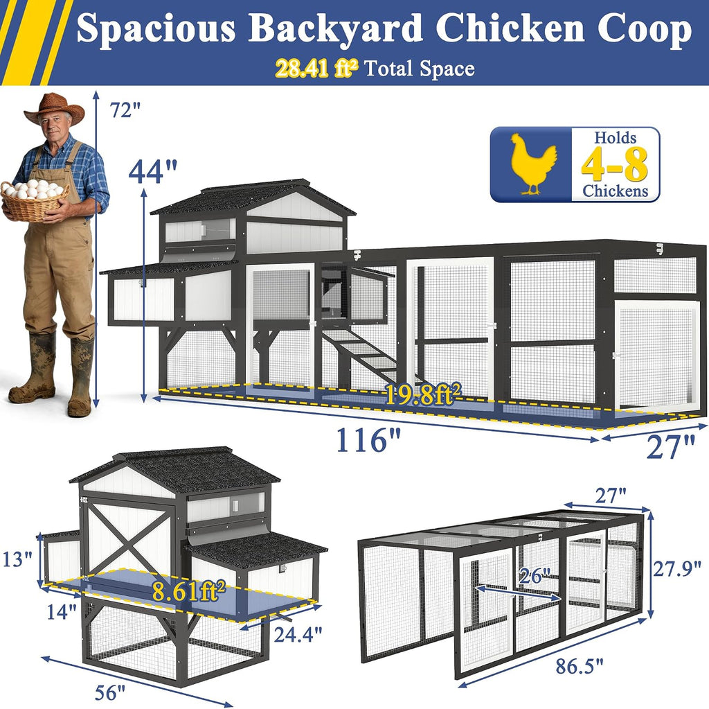 116" L Large Chicken Coop with Run for 4-6 Chickens