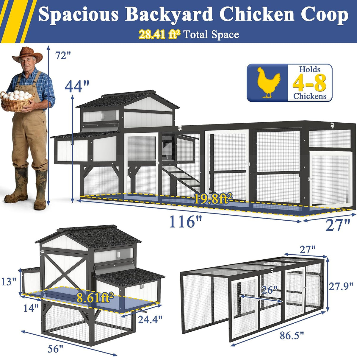 116" L Large Chicken Coop with Run for 4-6 Chickens
