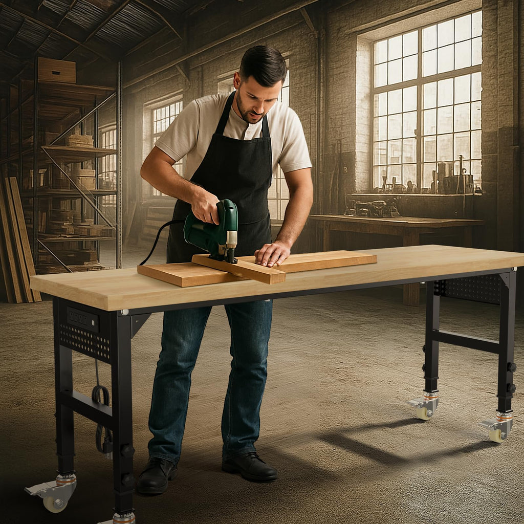 70'' Adjustable Workbench, Solid Wood Work Bench Table with Wheels and Power Outlet & Pegboard, Rolling Workbench
