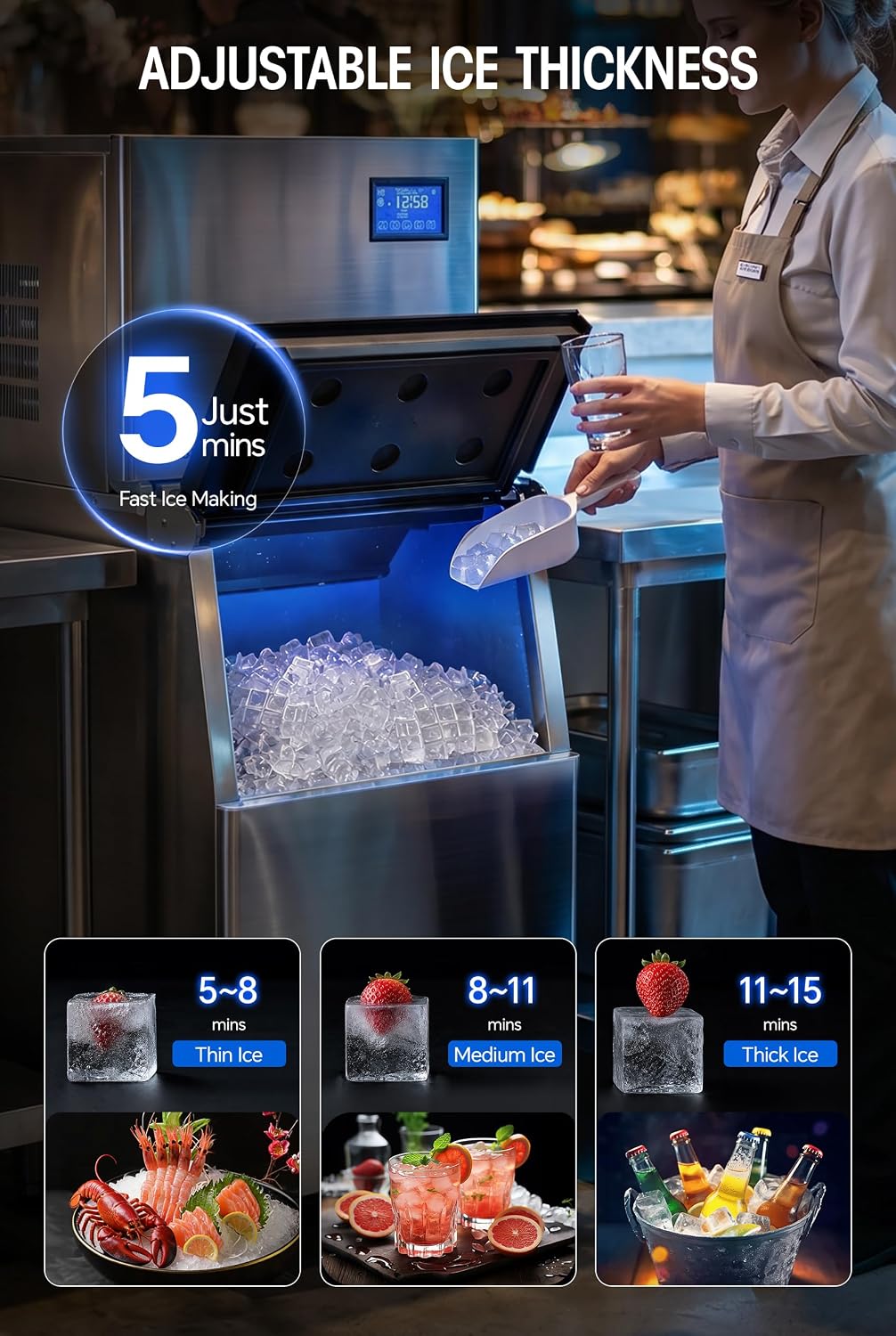 Commercial Ice Maker Machine 580lbs, 350lbs Bin, Stainless Steel