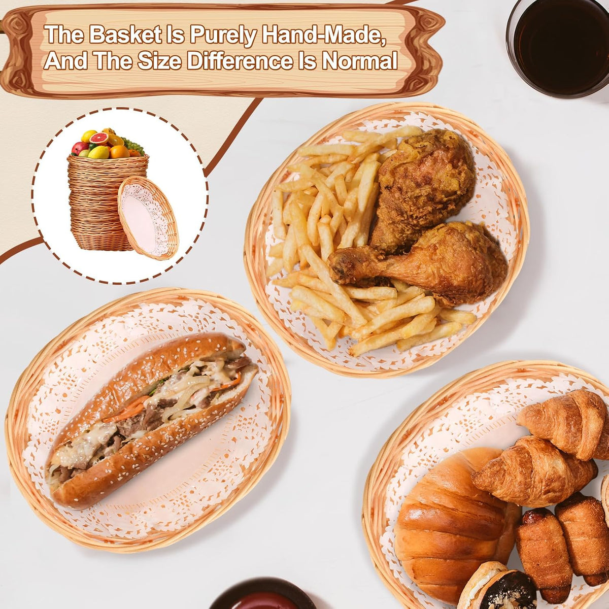 16 Pcs Oval Small Plastic Wicker Bread Basket 2.36 x 9 x 6.7 Inch Woven Food Fruit Storage Basket Bulk for Serving