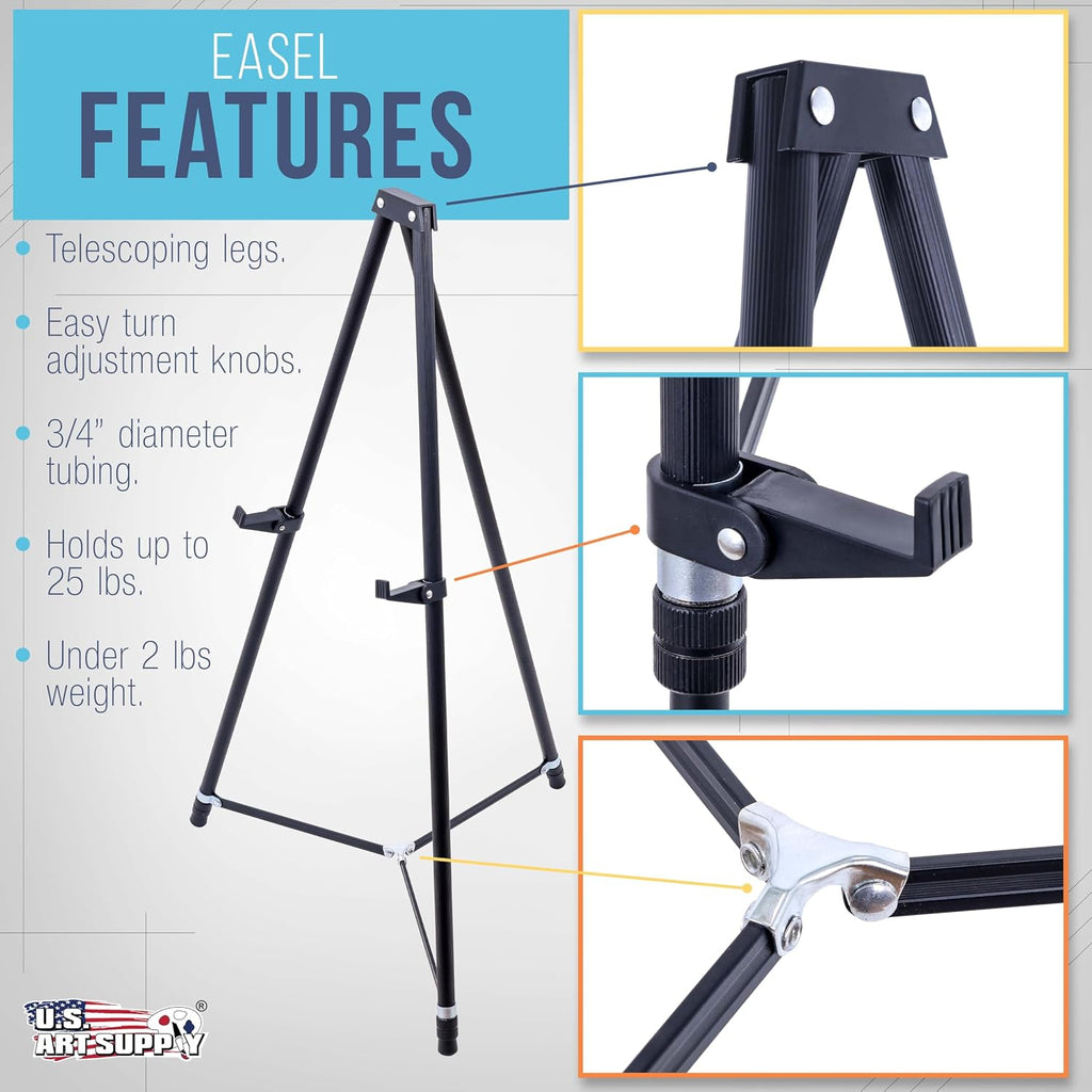 66" High Black Metal Display Art Easel - Large | Adjustable Height Portable Easel Stand, Sign Display, Holds 25 lbs