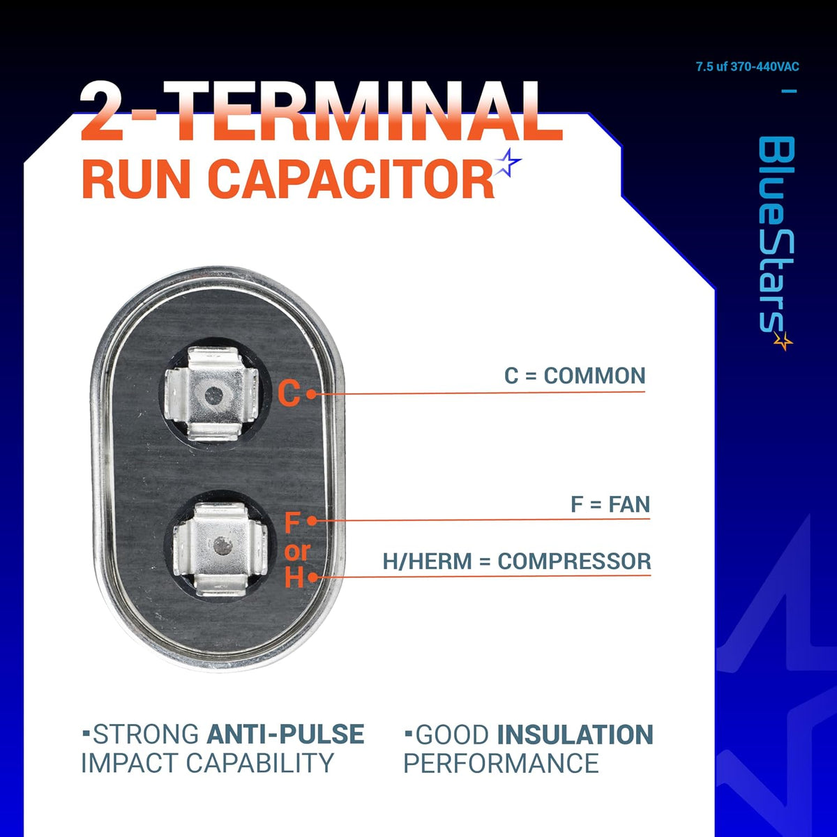 BlueStars 7.5 uF MFD 370 or 440 Oval Run Capacitor TP-CAP-80/5/440R