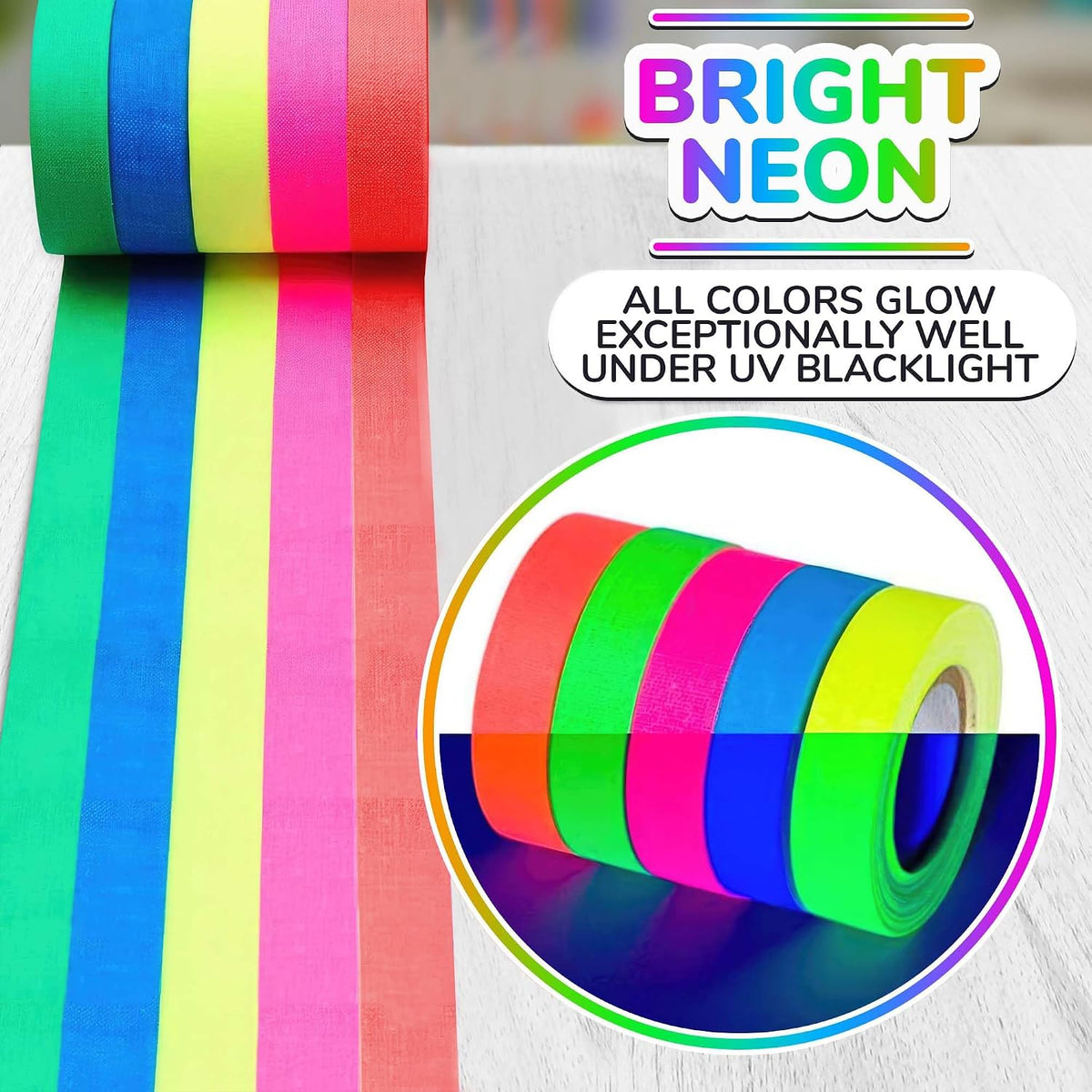 5 Pcs Neon Duct Tape Bright Colors, 18 ft x 0.5 in, Tape Rolls