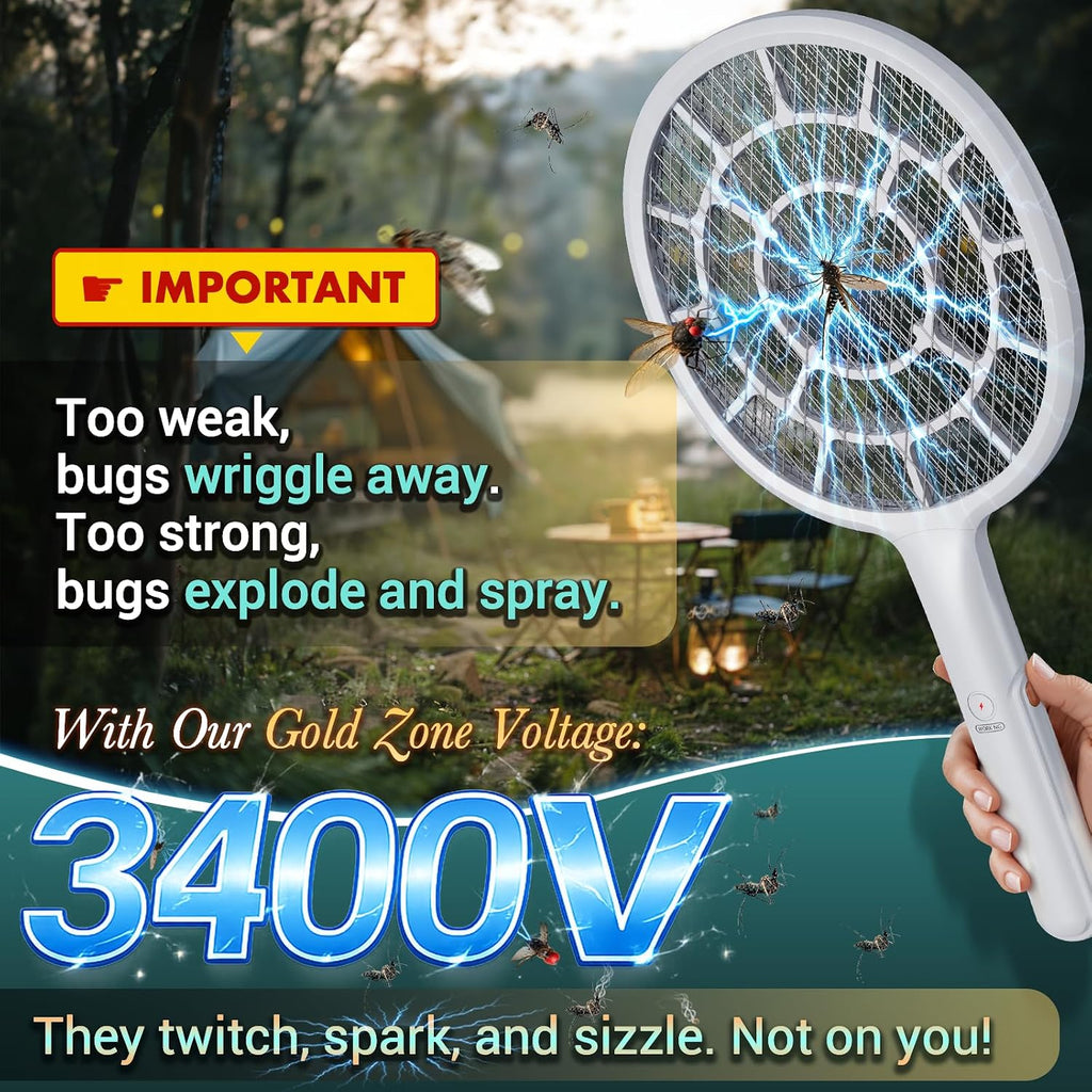 Electric Fly Swatter, Bug Zapper Companion, Mosquito Killer Racket | Gold Zone Voltage, 3mm Mesh, Apple-Like Weight