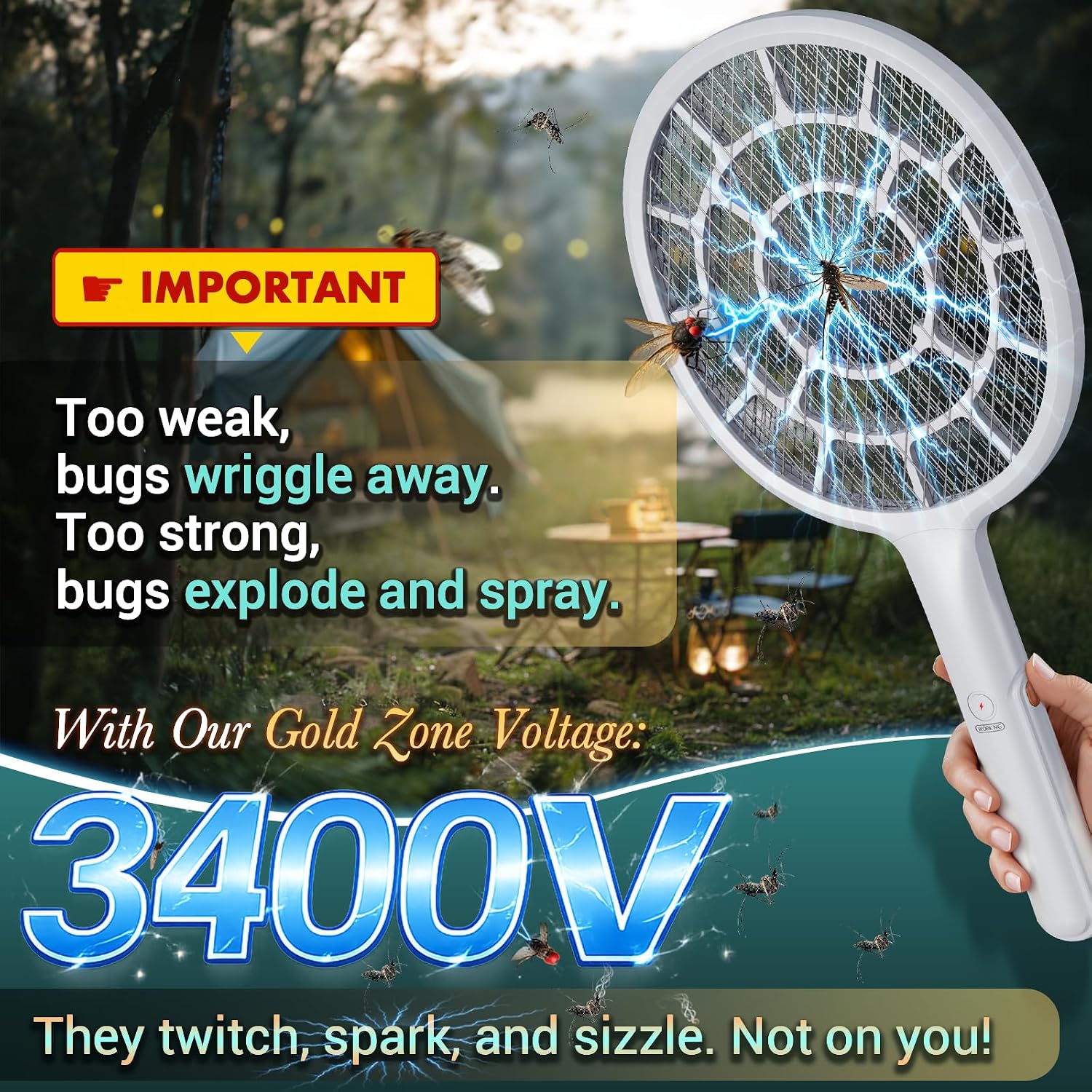 Electric Fly Swatter, Bug Zapper Companion, Mosquito Killer Racket | Gold Zone Voltage, 3mm Mesh, Apple-Like Weight