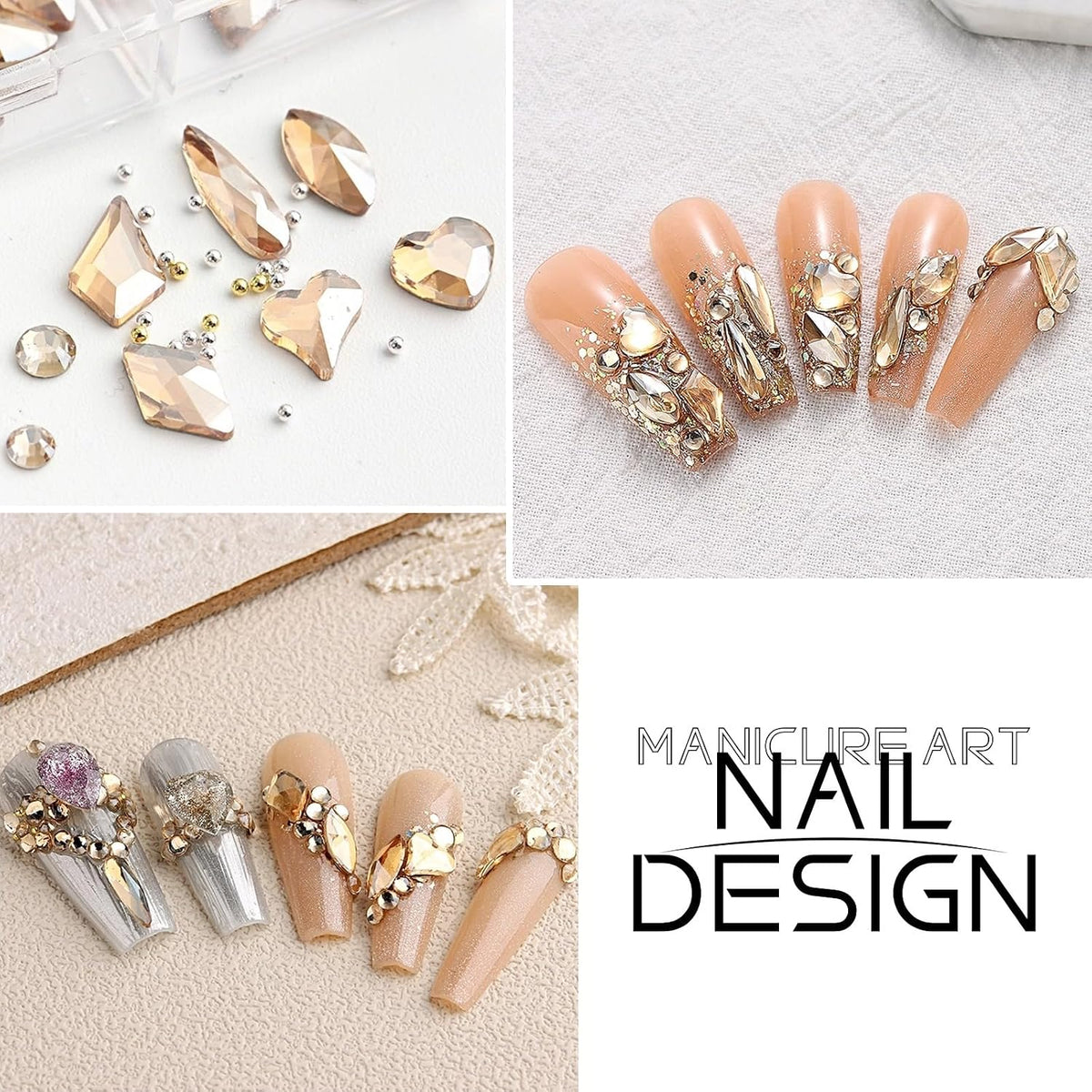 12-Shape Champagne Gold Rhinestone Kit for Nail Art
