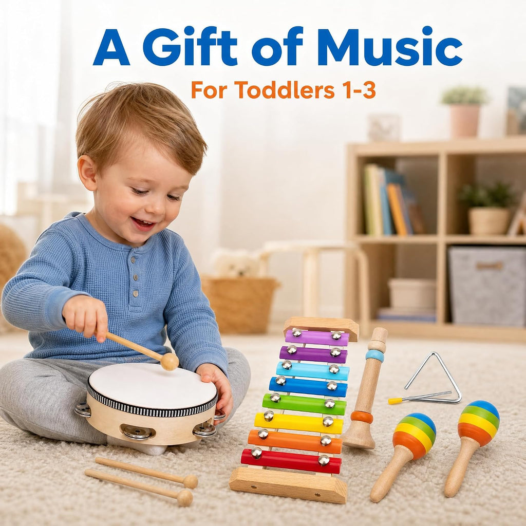 Montessori Wooden Musical Instruments for Toddlers, Educational Baby Drum Set with Xylophone & Maracas and More