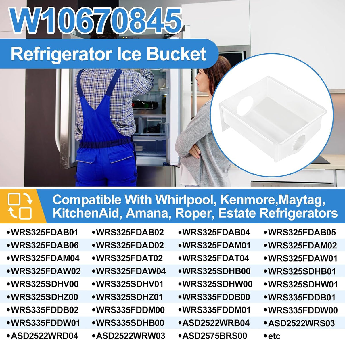 Upgraded W10670845 Refrigerator Ice Bucket Compatible with Whirlpool Ice Maker Replacement Parts WPW10670845 Removable Ice Bin for Kenmore Ice Maker Replacement WRS325FDAM04, WRS315SDHM08 Ice Bin
