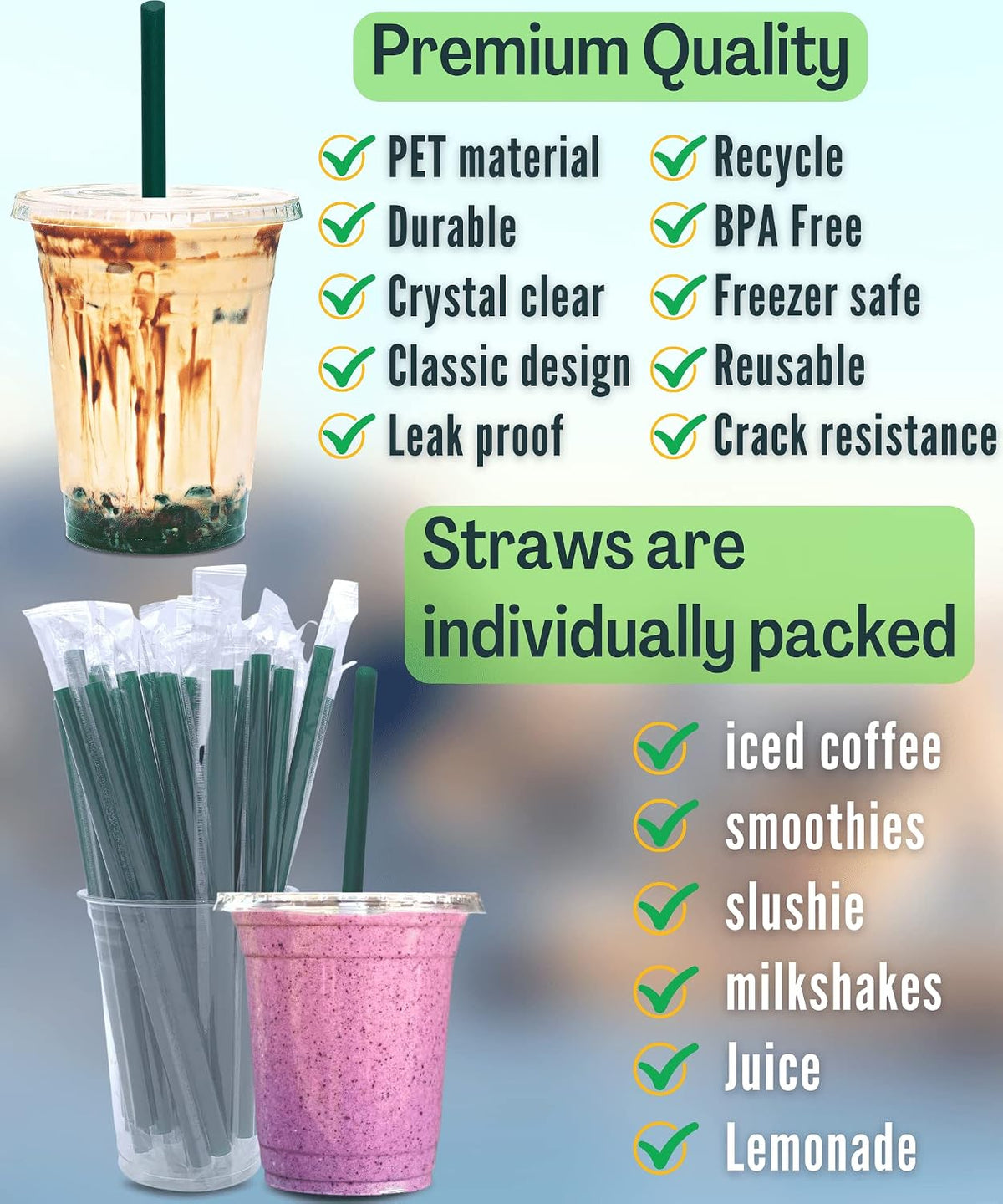 12 oz Clear Plastic Cups with Lids and STRAWS, Disposable Drinking Cups for Cold Drinks, Iced Coffee, Milkshakes
