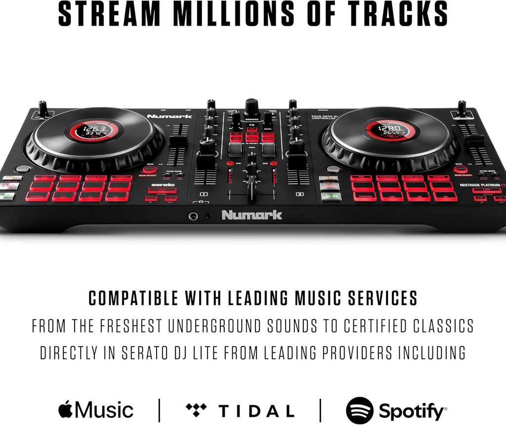 Mixtrack Platinum FX DJ Controller | 4-Decks, 3-Band EQ DJ Mixer, Jog Wheel Displays, 16 Pads, 2 Effects Paddles