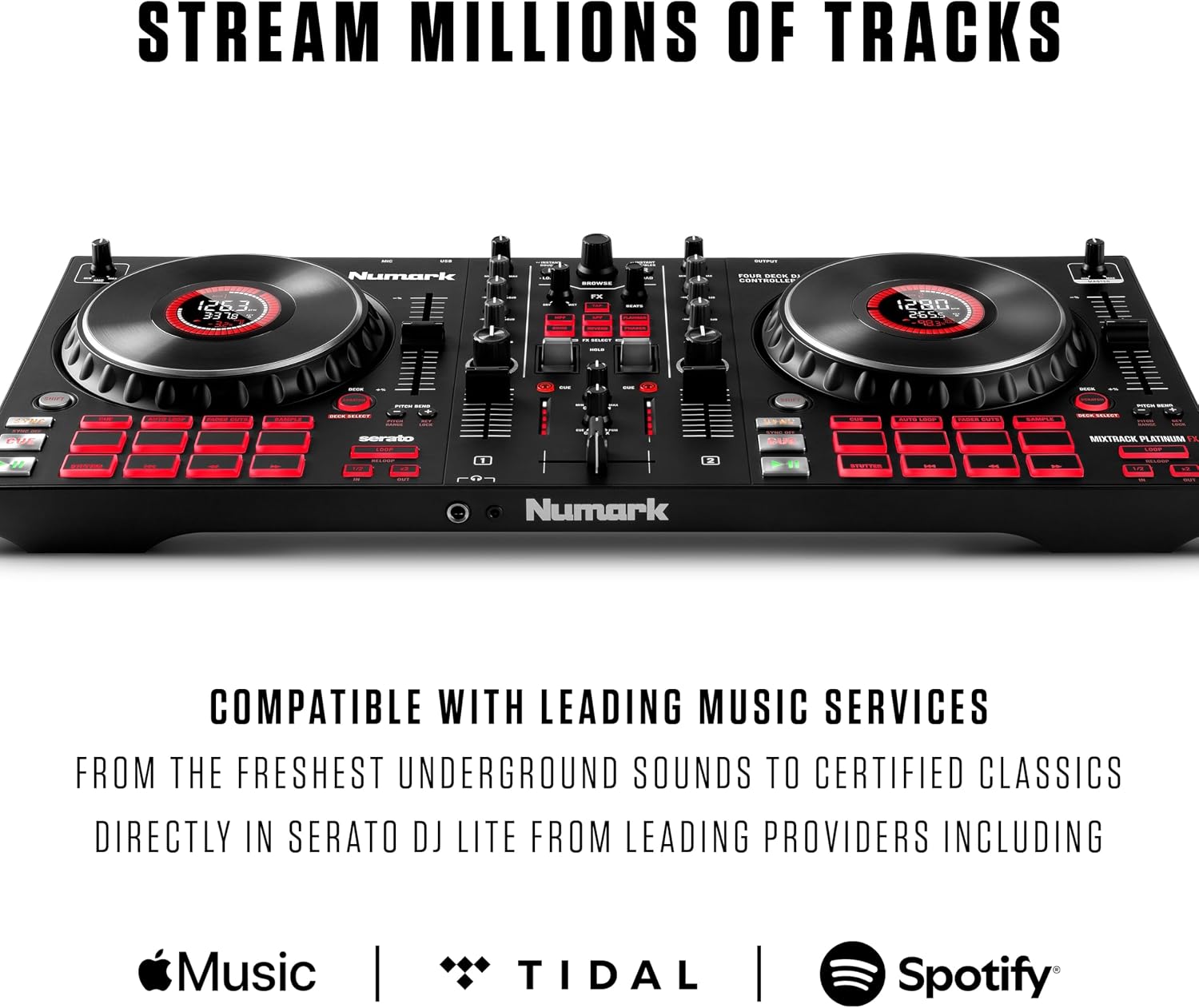 Mixtrack Platinum FX DJ Controller | 4-Decks, 3-Band EQ DJ Mixer, Jog Wheel Displays, 16 Pads, 2 Effects Paddles