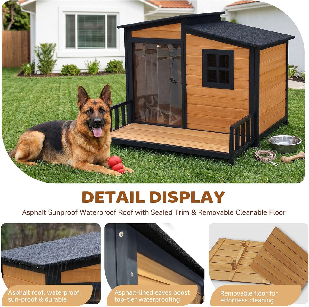 XLarge Dog House Outdoor Anti‑Chew Iron Wooden Elevated Dog Kennel Home 44"