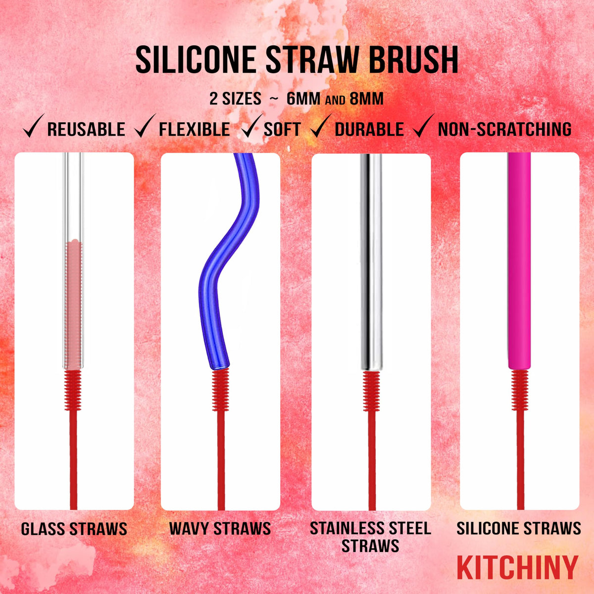 Silicone Bottle Brush 12.5 inch with 2 Straw Cleaners – Red