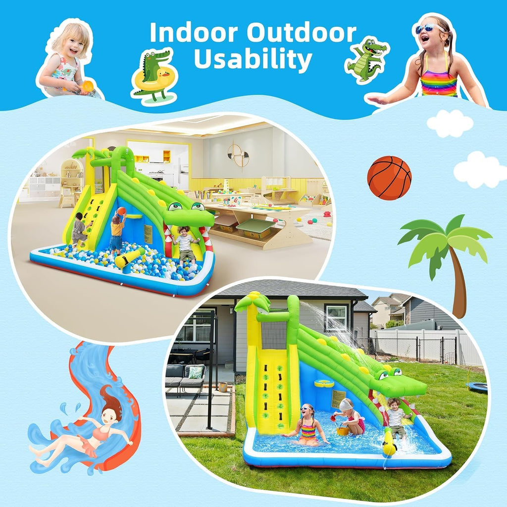 Inflatable Water Slide：5 in 1 Crocodile Bounce House Water Park for Kids - Climbing Wall Splash Pool Water Cannon