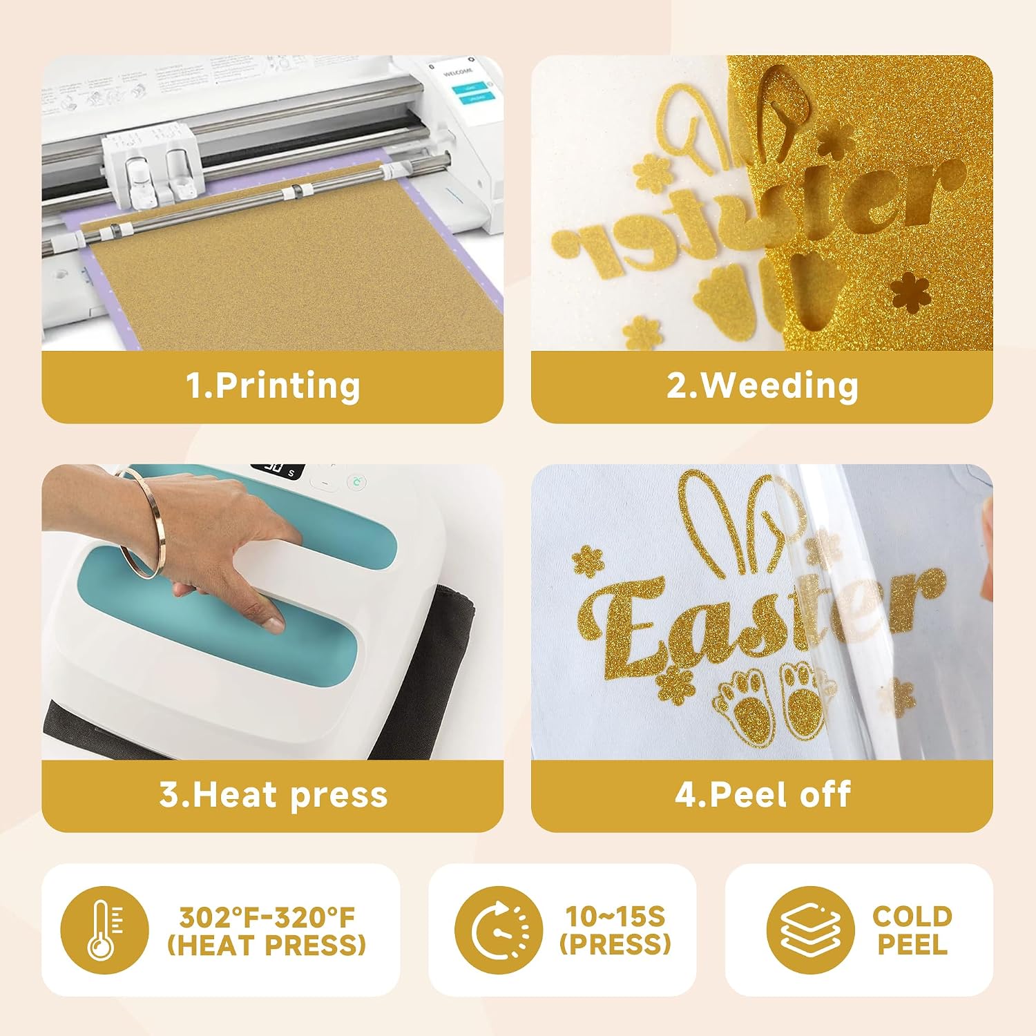 Glitter Gold HTV Vinyl - 12” x 20 Ft Glitter Heat Transfer Vinyl Rolls, Iron on Vinyl for DIY Design
