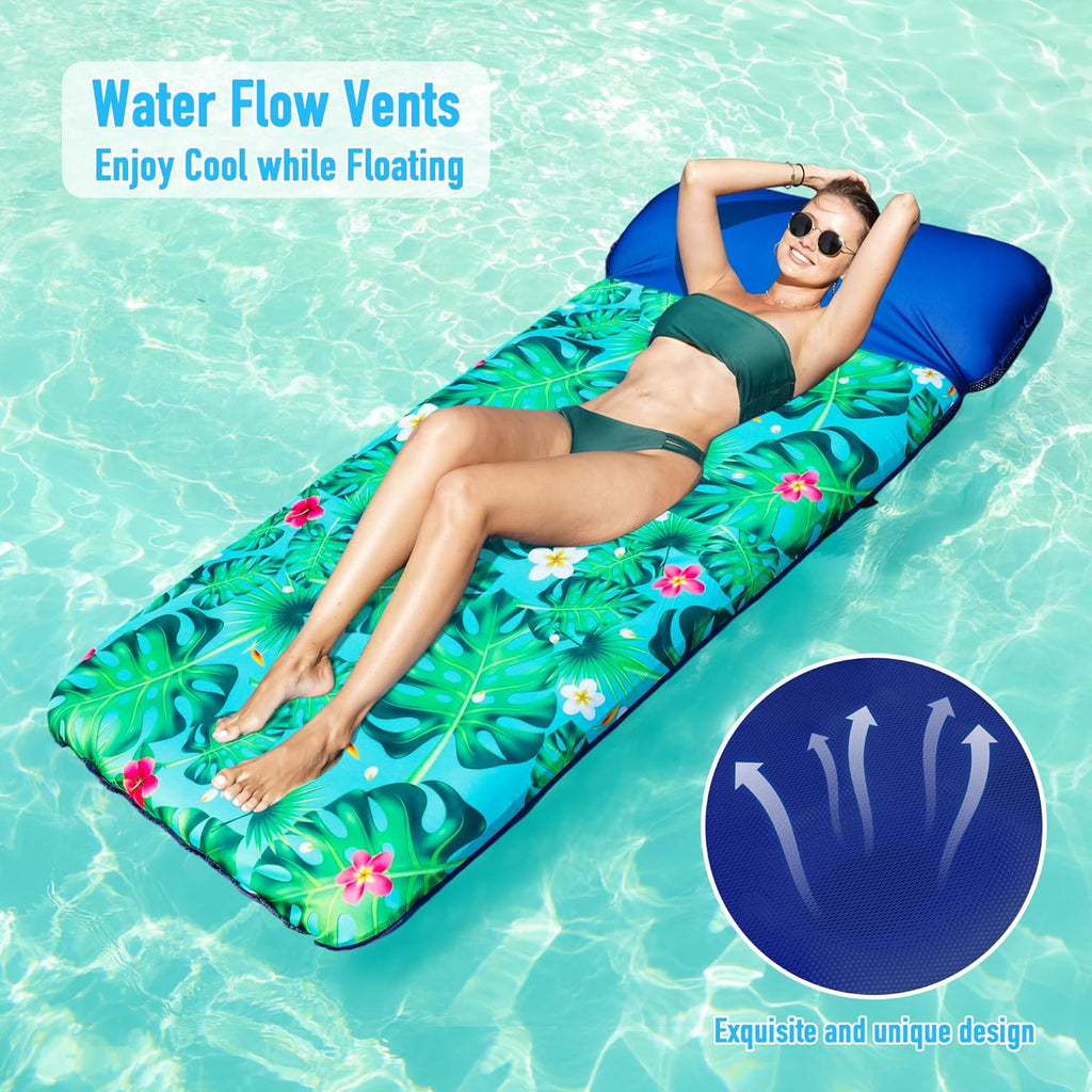 Oversized Pool Floats for Adults - 72" X 38" Extra Large Fabric Covered Inflatable Pool Lounger with Headrest, Pool