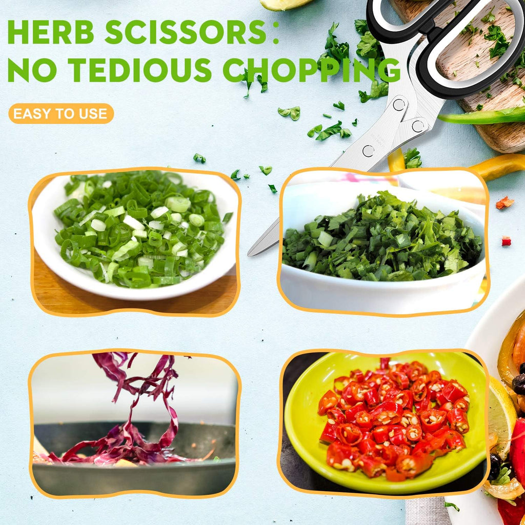 Herb Scissors with 5 Blades and Cover, Kitchen Herb Cutter with Cleaning Comb, Stainless Steel Multi Blade Herb