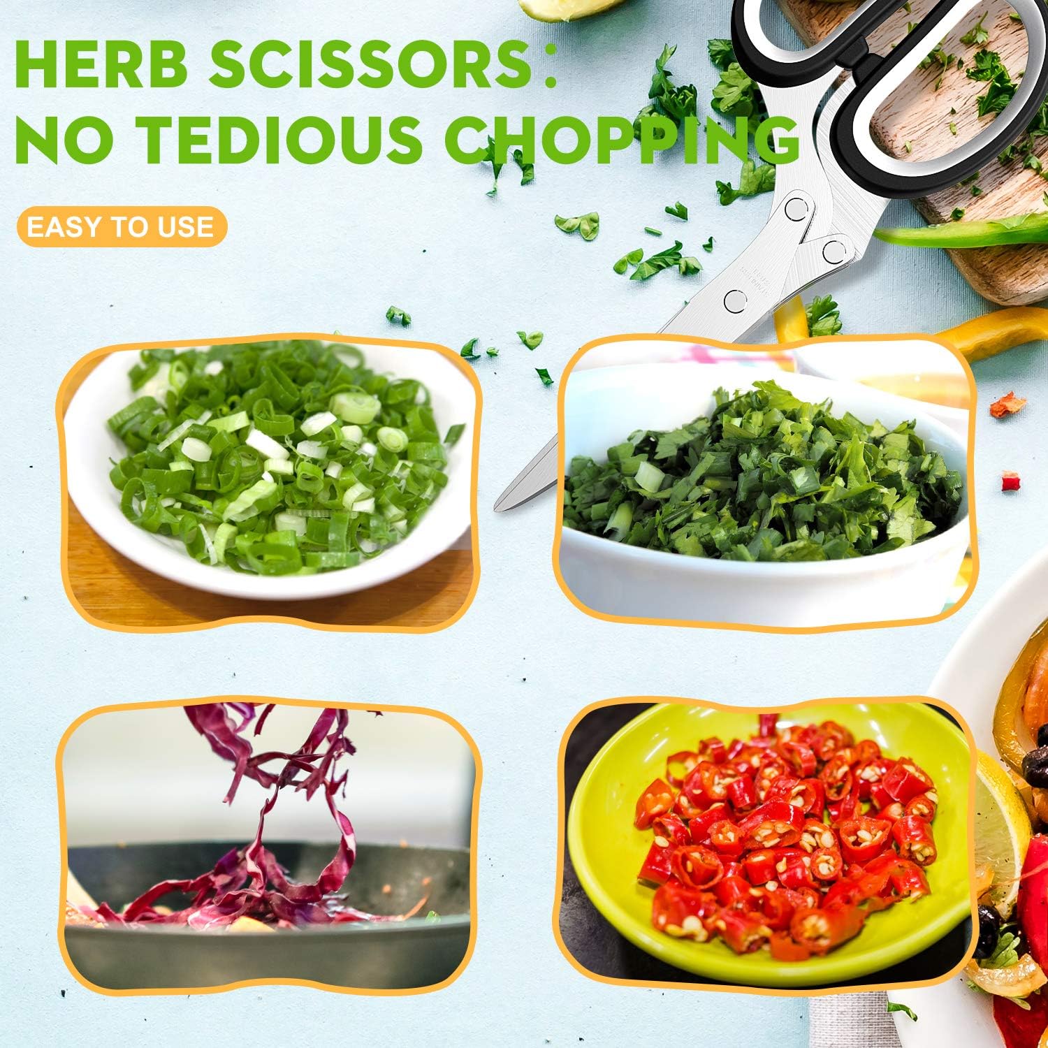 Herb Scissors with 5 Blades and Cover, Kitchen Herb Cutter with Cleaning Comb, Stainless Steel Multi Blade Herb