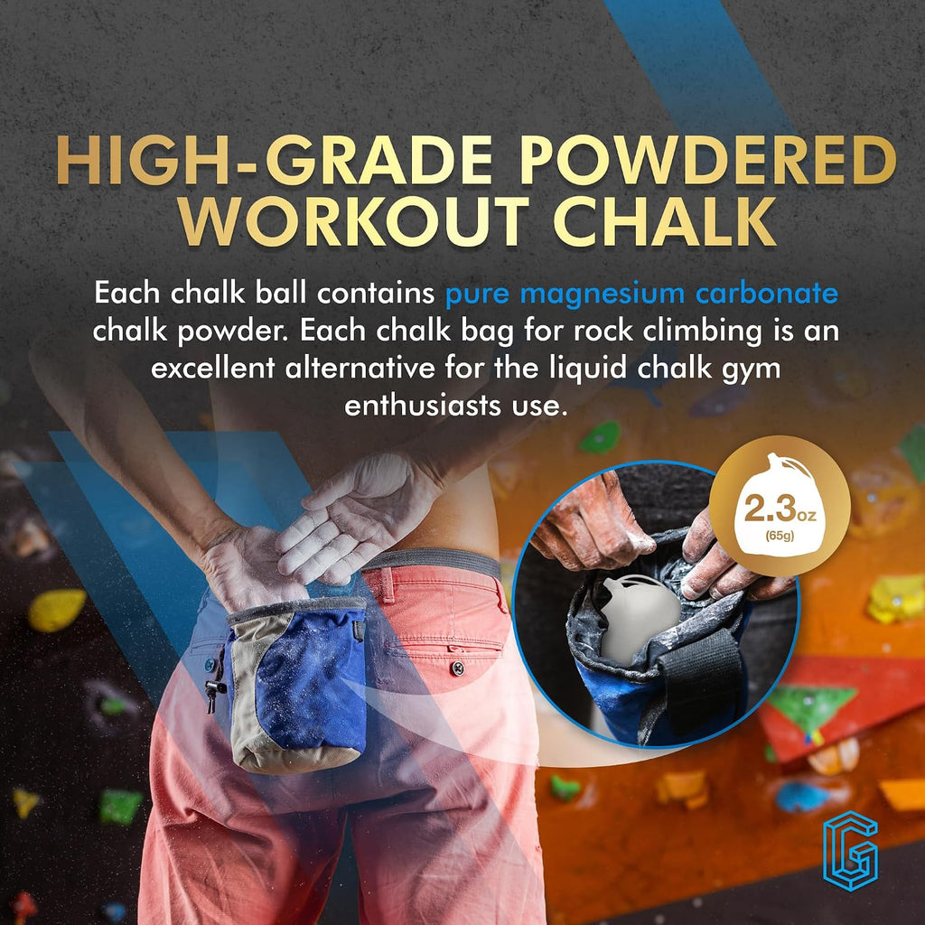 130g (2 x 65g) Premium Chalk Balls. Pro-Grade Gym Chalk in Refillable Sock. Eco Friendly Packaging. Grip Enhancing