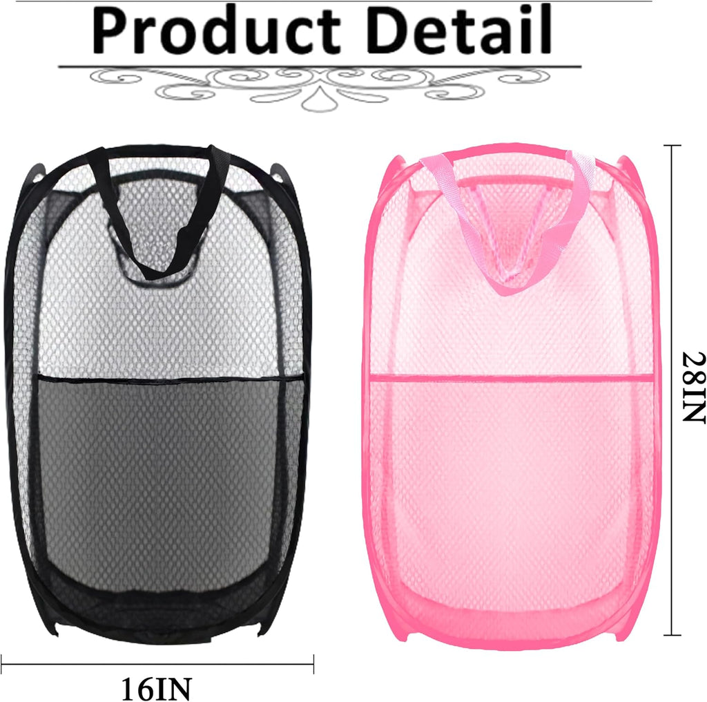 Collapsible Pop Up Laundry Hamper, Extra Large Mesh Foldable Laundry Basket Bag, 28" x 16" x 16", 2 Pack (Black + Pink)