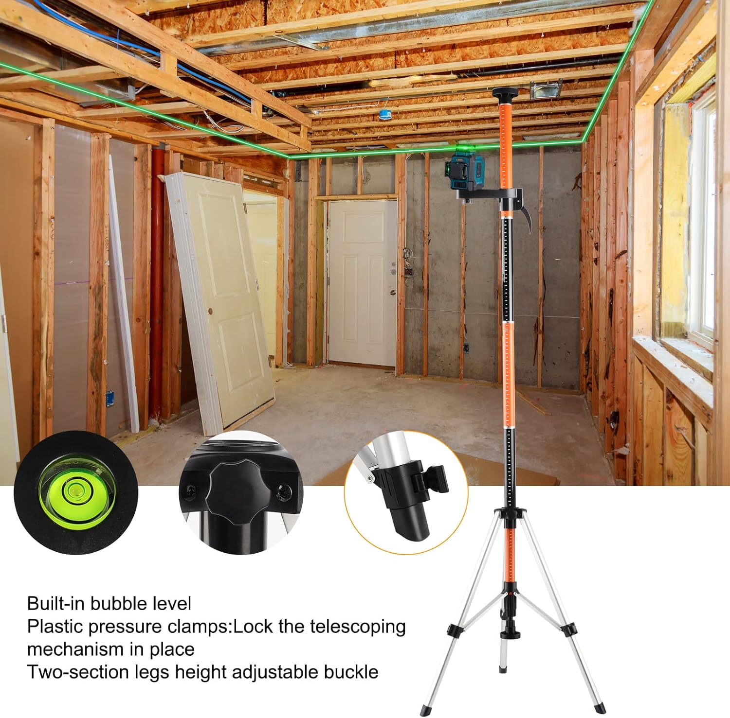 Laser Level Pole with Tripod,12Ft./3.7M Telescoping Pole for Laser Levels,1/4”-20 Laser Mount for Rotary and Line
