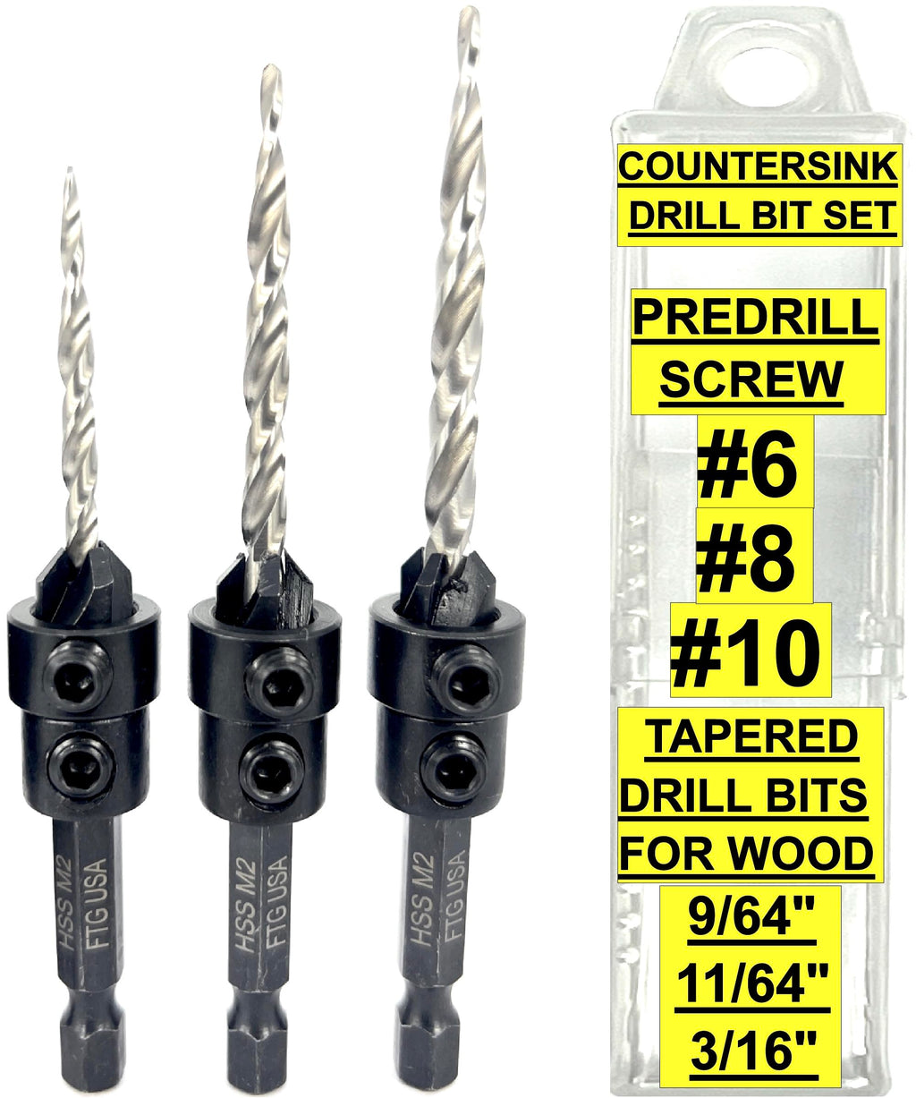 FTG USA 3 Pc #6#8#10 Countersink Drill Bit Set with Tapered Drill Bits Case