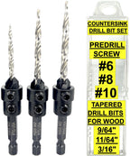FTG USA 3 Pc #6#8#10 Countersink Drill Bit Set with Tapered Drill Bits Case