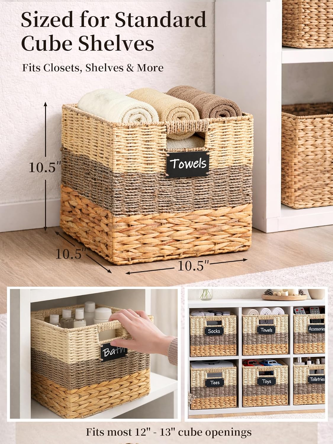 Storage Basket, 10.5x10.5x10.5 Inch Storage Cubes, Water Hyacinth Wicker Basket for Storage, Handmade Woven Baskets