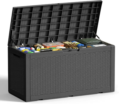 Outdoor Storage Box 100 Gallon Deck Box Resin Outdoor Toy Storage With Lockable Lid, Hydraulic Struts, Rattan Style