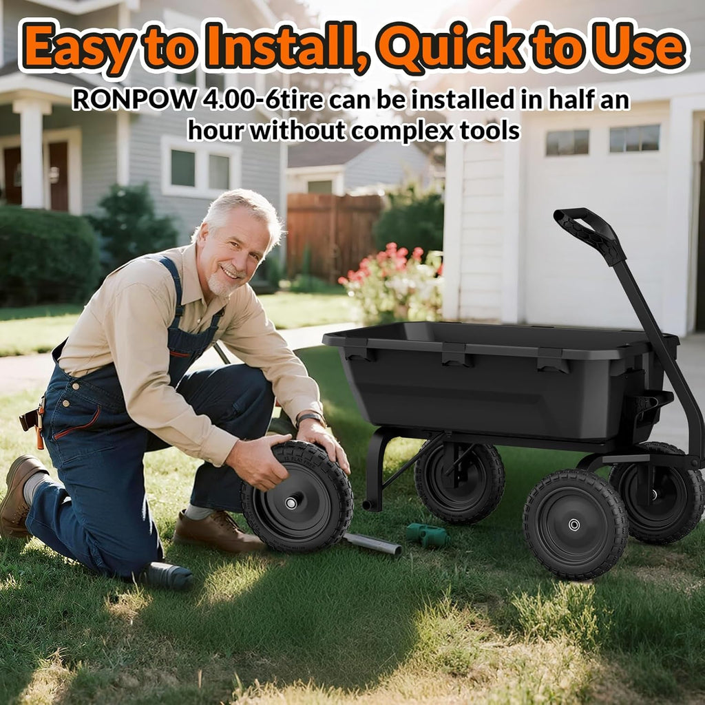 4.00-6 Flat Free Tire and Wheel, 13 Inch Solid Garden Wheelbarrow Tires, 300Lbs with 5/8" & 3/4" Axle Hole, 1"-3.5"