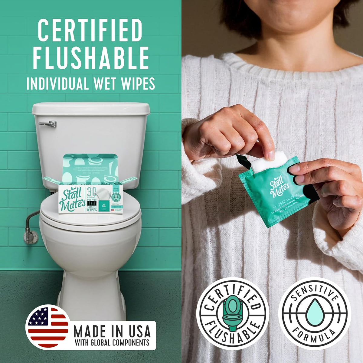 Flushable Wipes, Individually Wrapped, Unscented, 30 Count