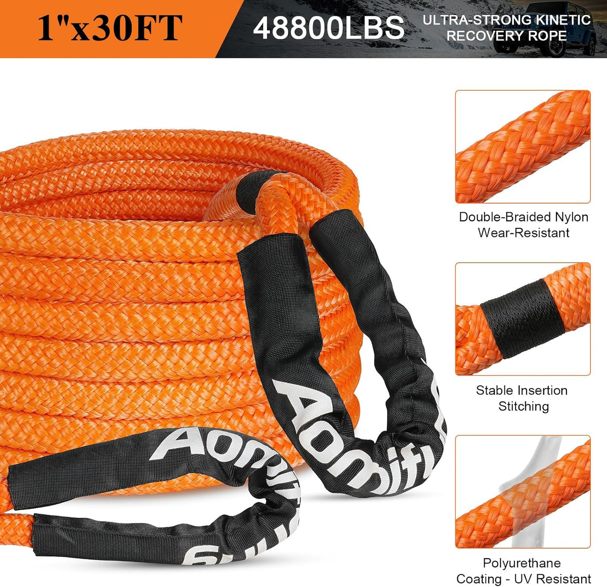 Kinetic Tow Rope with 2 Soft Shackles, 1" x 30', 48,800 LBS Break Strength