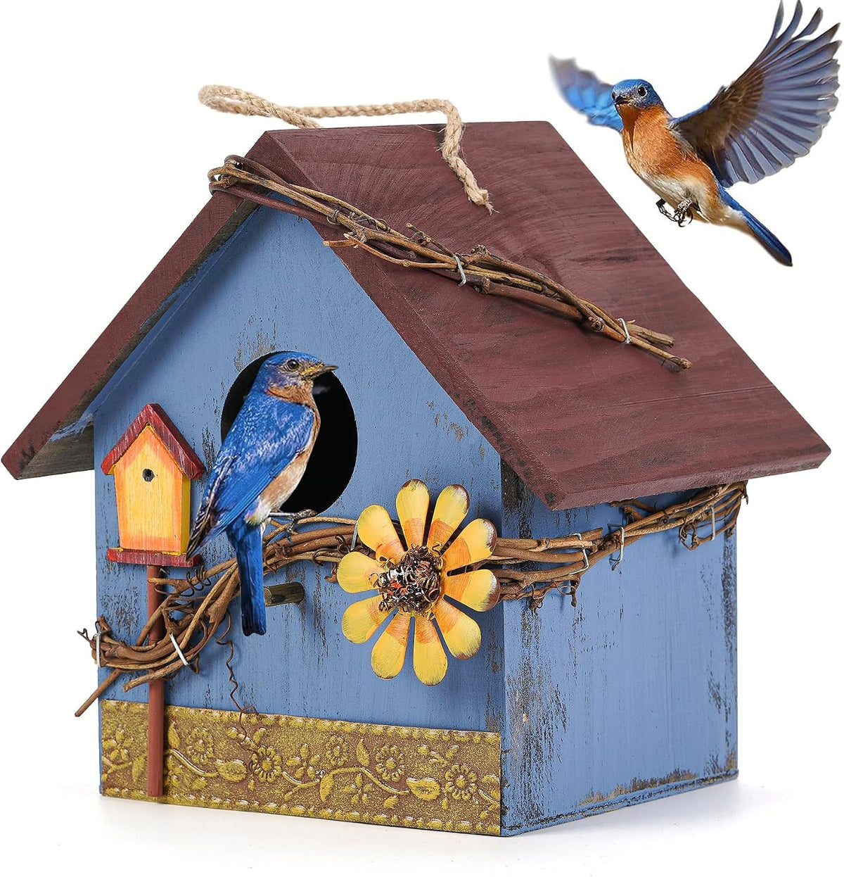 Blue Wooden Hanging Bird House Feeder for Outside Garden Wild Birds