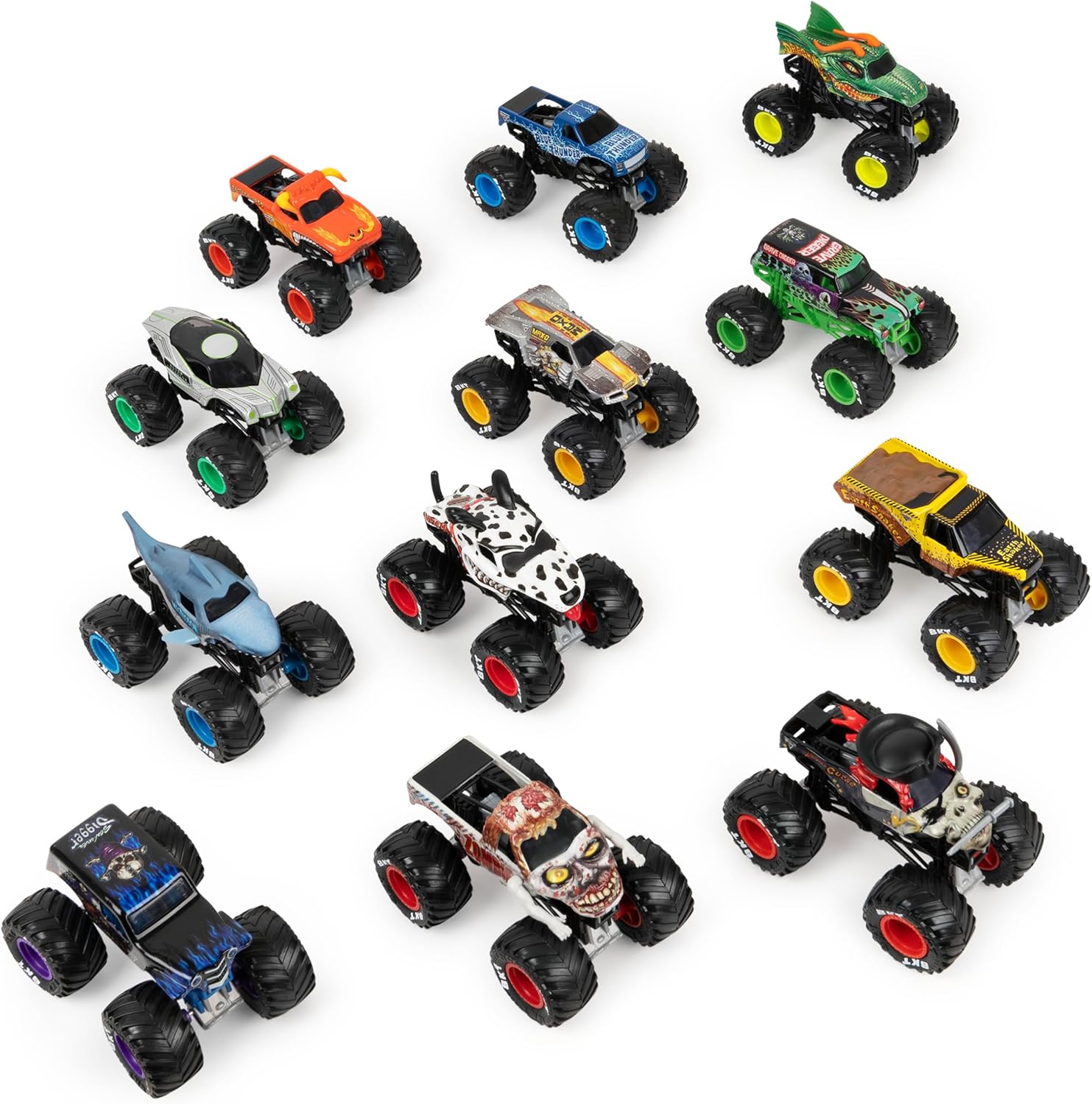 Official Die-Cast Monster Trucks, 1:64 Scale 12-Pack | 12 Exclusive Toy Trucks, Authentic Details & Graphics, Grave
