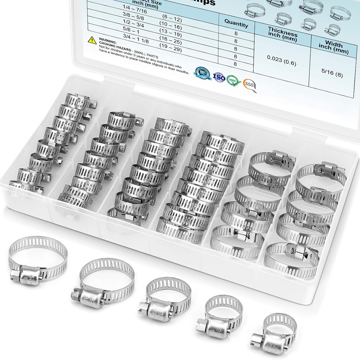 40PCS Hose Clamp Set - 1/4''–1-1/8'' 304 Stainless Steel Worm Gear Hose Clamps for Pipe, Intercooler, Plumbing, Tube
