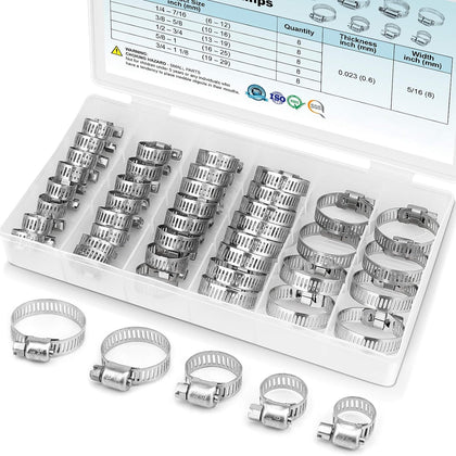 40PCS Hose Clamp Set - 1/4''–1-1/8'' 304 Stainless Steel Worm Gear Hose Clamps for Pipe, Intercooler, Plumbing, Tube