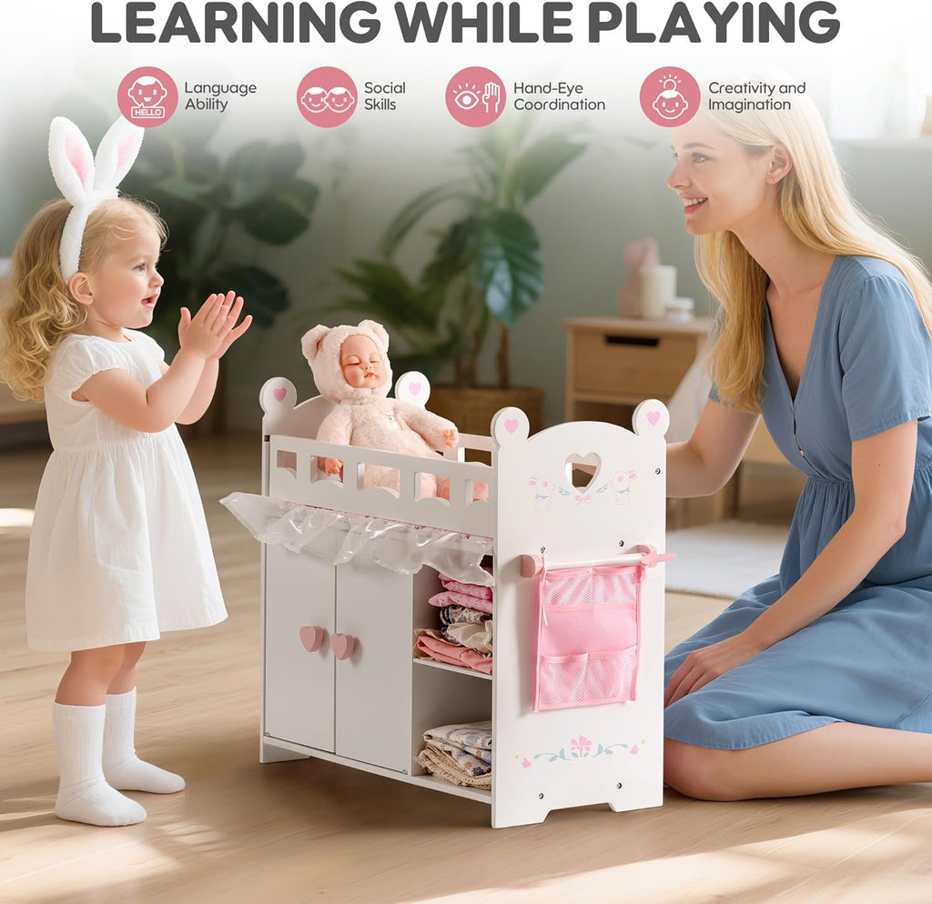 Baby Doll Crib – Wooden Baby Doll Changing Table with Storage – Bedding & Hooks, Fits 18-21" Dolls, Doll Bed Playset