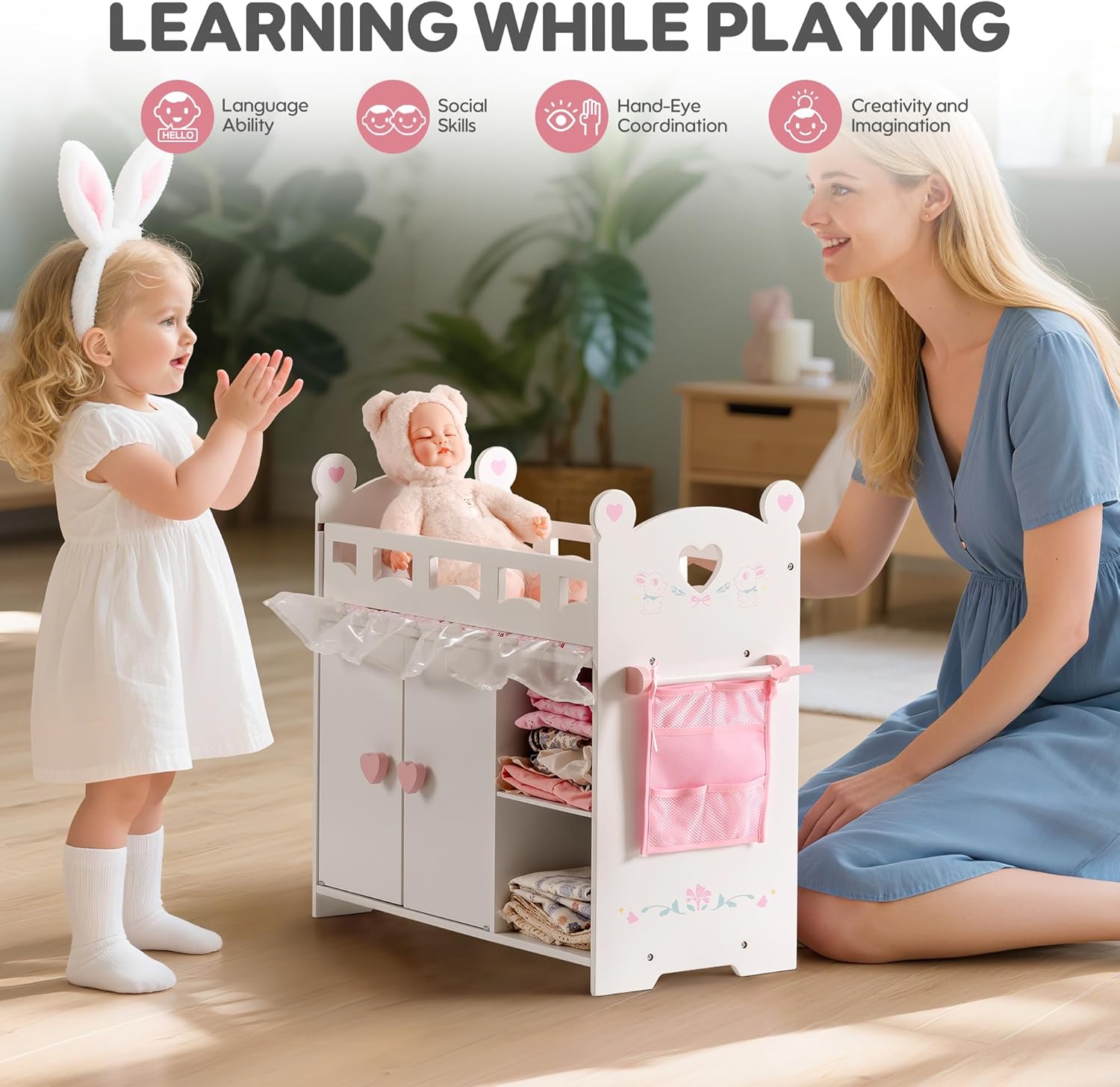Baby Doll Crib – Wooden Baby Doll Changing Table with Storage – Bedding & Hooks, Fits 18-21" Dolls, Doll Bed Playset