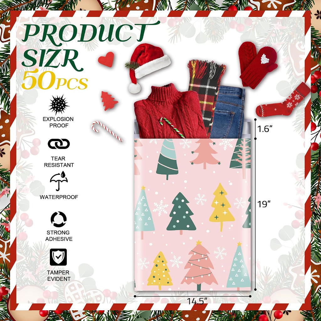 Christmas Poly Mailers 14.5x19 Inch, 50 Count, Pastel Tree Shipping Bags